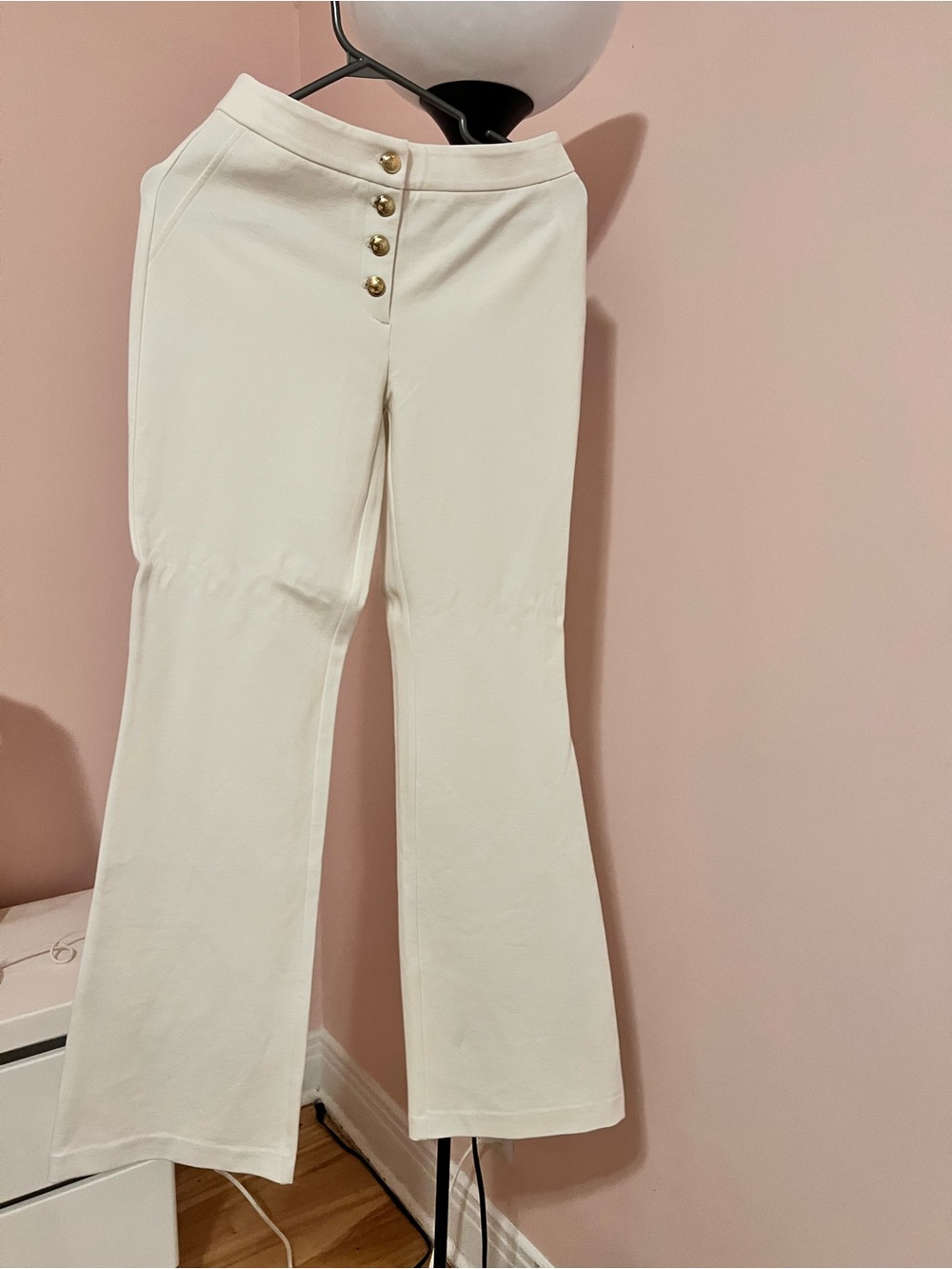 Michael Kors Cream Flared High-Rise Pants with Gold Buttons